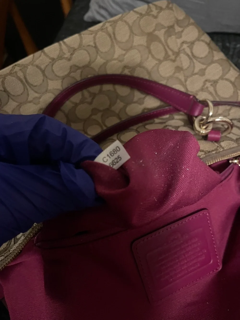 Coach Brown Signature Canvas Shoulder Bag with Raspberry Trim - Picture 14 of 17